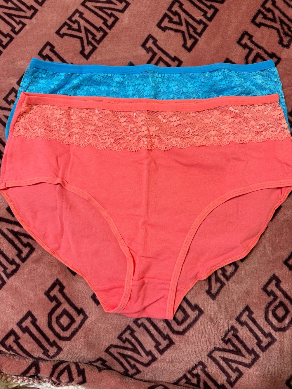 Lace-Trim Cotton Blend Briefs in Coral & Turquoise - Pack of 2